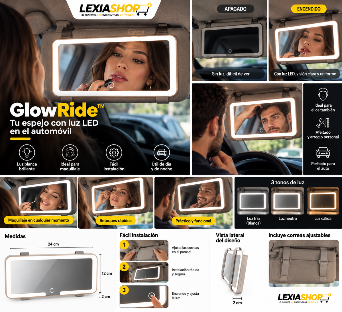 GlowRide™ | Espejo LED para Parasol del Auto